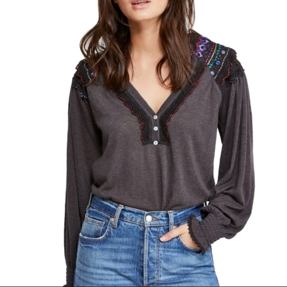 Free People Charcoal Blouse with Embroidered Details